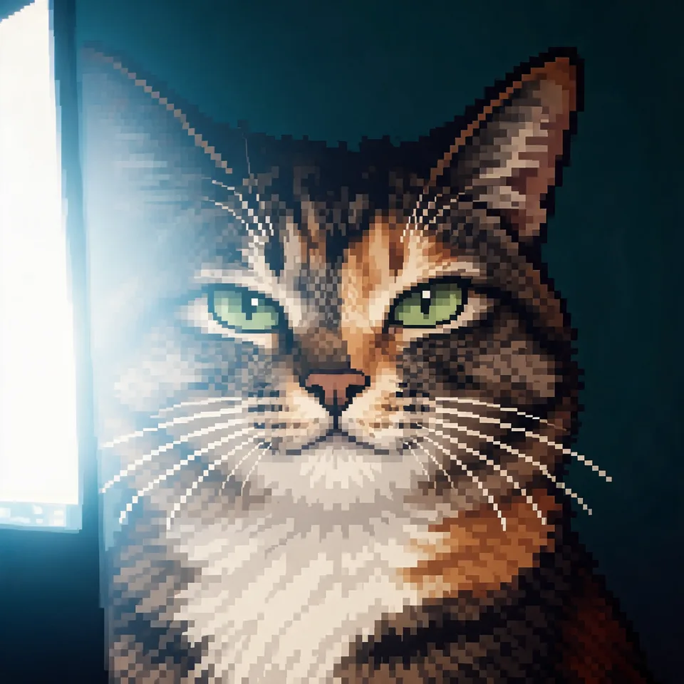 Extreme close-up of a pixel-art tabby cat's face, cropped by the frame, cheek pressed to the screen, one side lit near-white by the glow, only one eye fully visible.