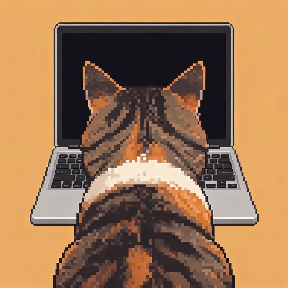 Pixel-art tabby cat, tightly cropped, back to the viewer, head and shoulders filling most of the square frame and sitting directly in front of an open laptop whose dark, unlit screen rises behind its head. Only a narrow strip of flat amber background remains.