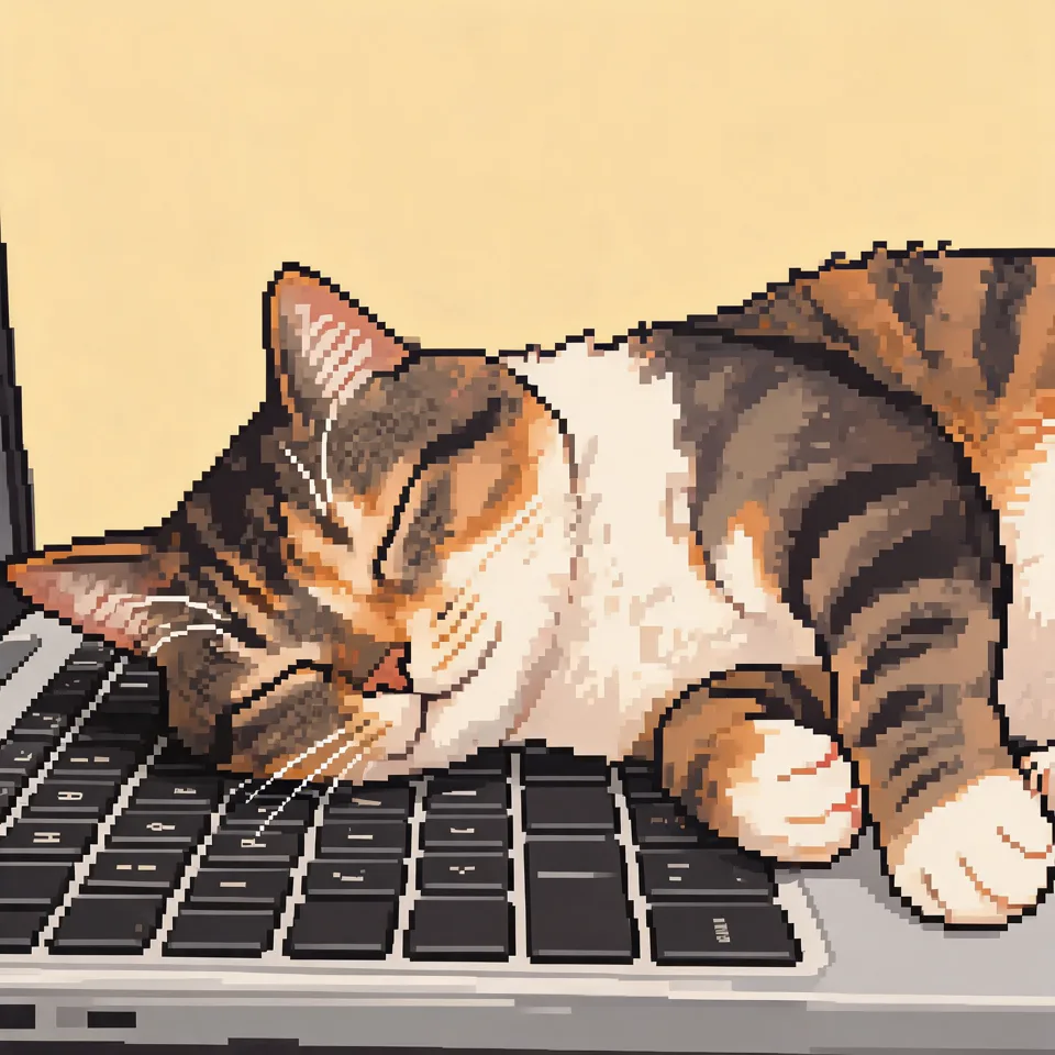 Pixel-art tabby cat collapsed asleep on an open laptop keyboard, limbs sprawled, face pressed sideways against the keys.