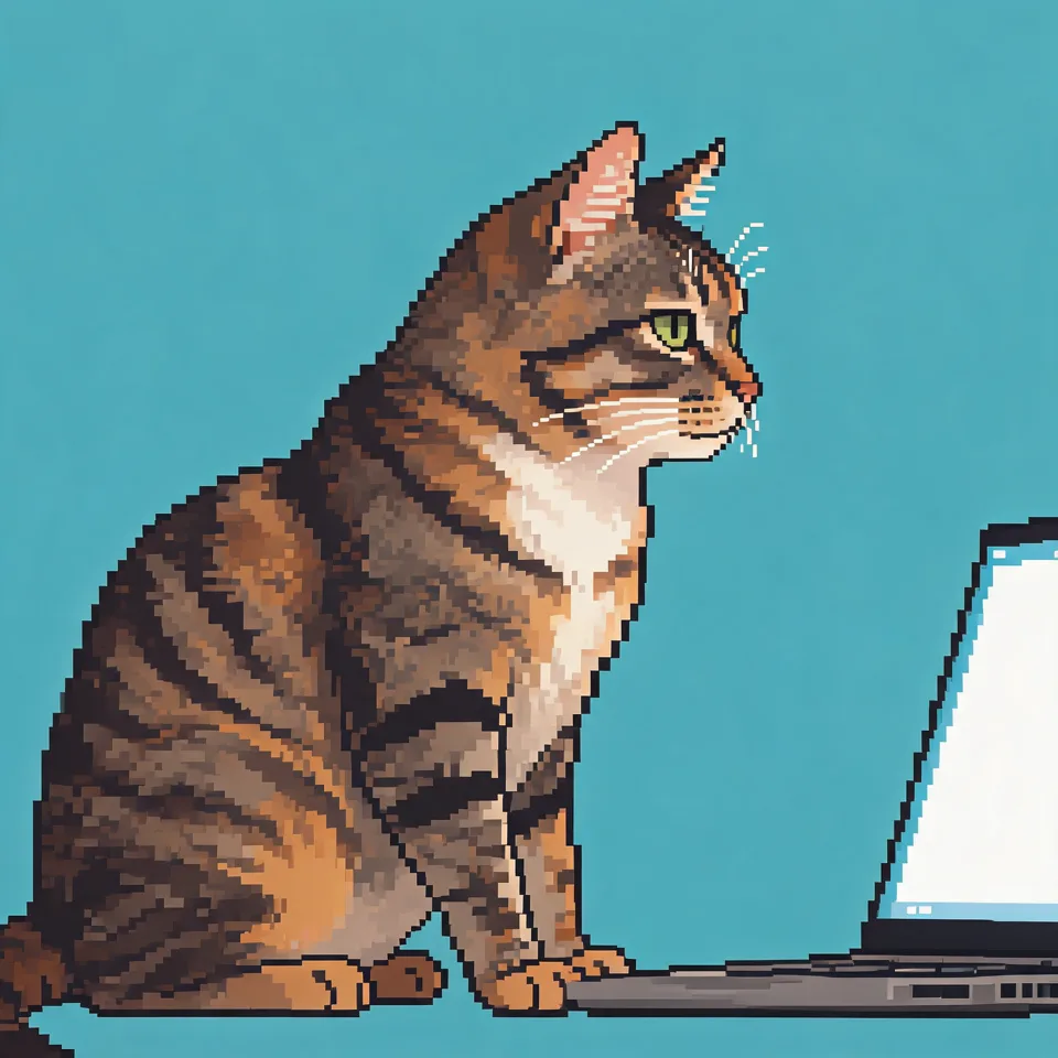 Pixel-art tabby cat, large in frame, sitting sideways, full body visible, gazing at a small glowing laptop near the right edge of the frame with a clear gap between them. Flat cool blue background.