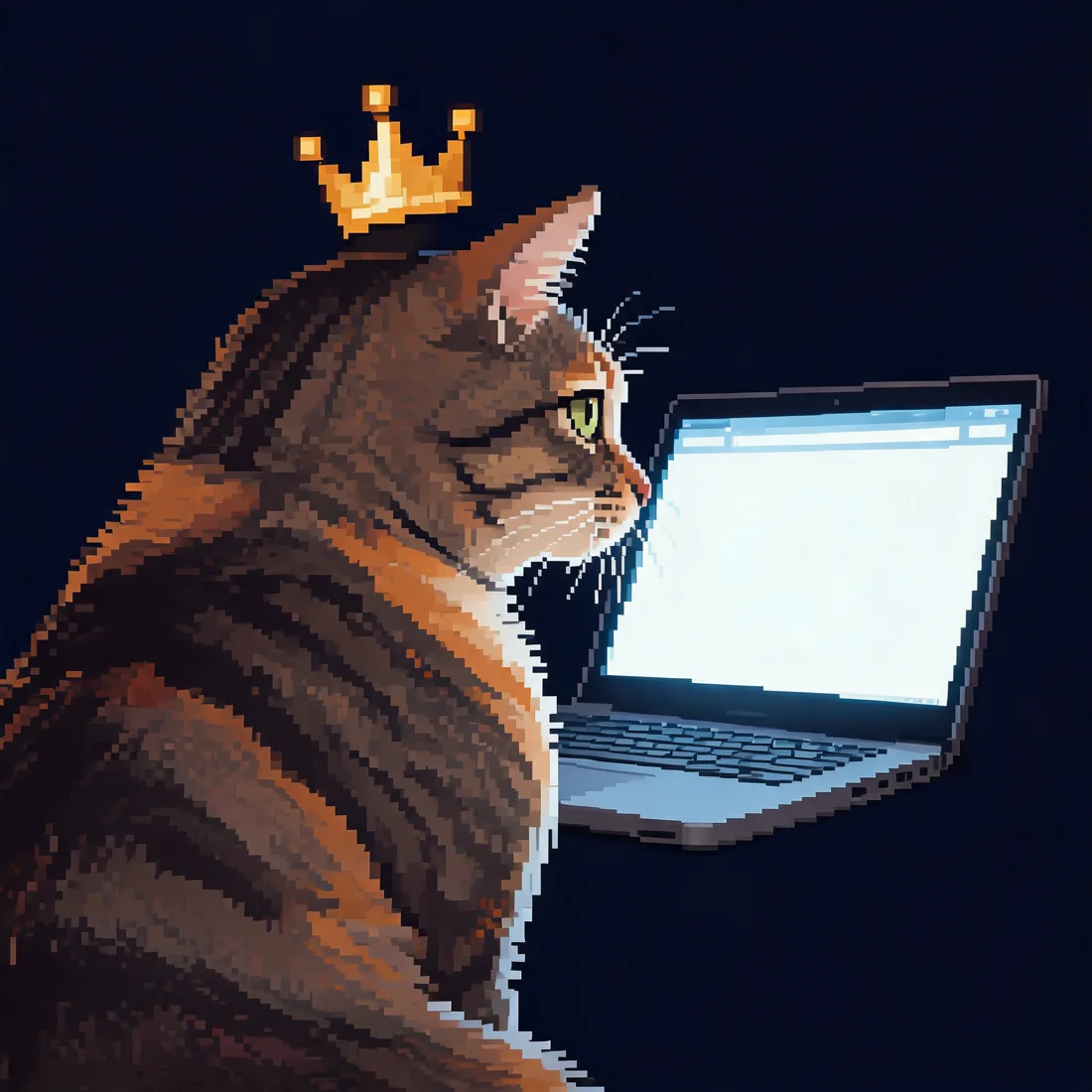 Pixel-art tabby cat wearing a crown, seen from behind and to the side, face turned toward a glowing laptop screen, rim-lit in cool light.